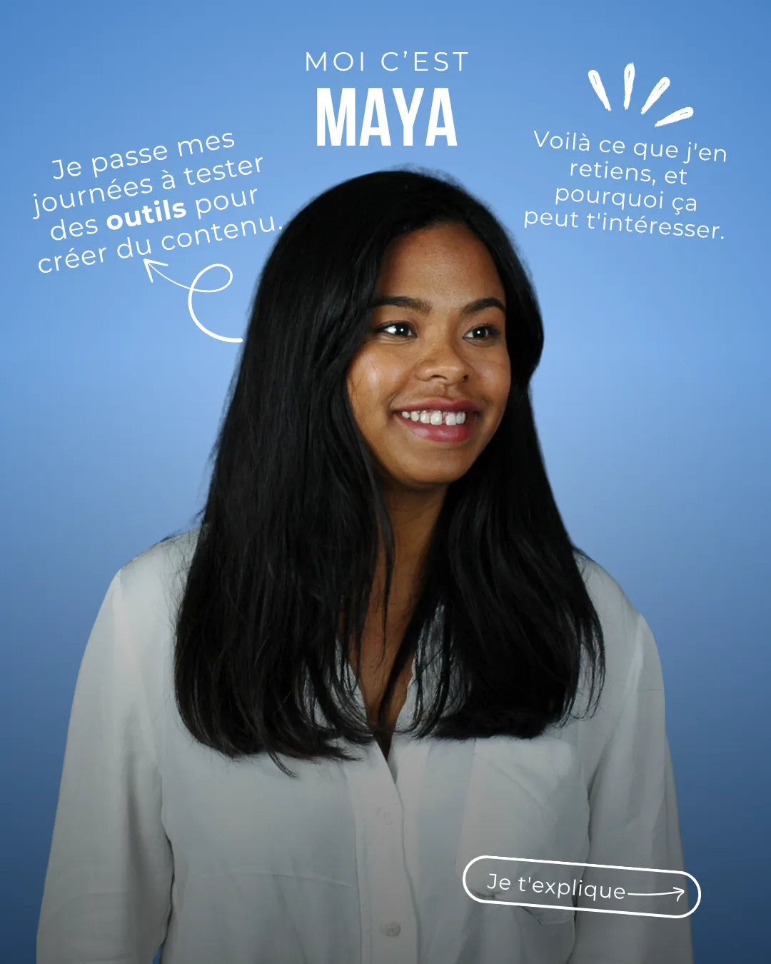 Carrousel Mes contenus, diapositive 1 : portrait de Maya souriante, titre « Moi c'est Maya »