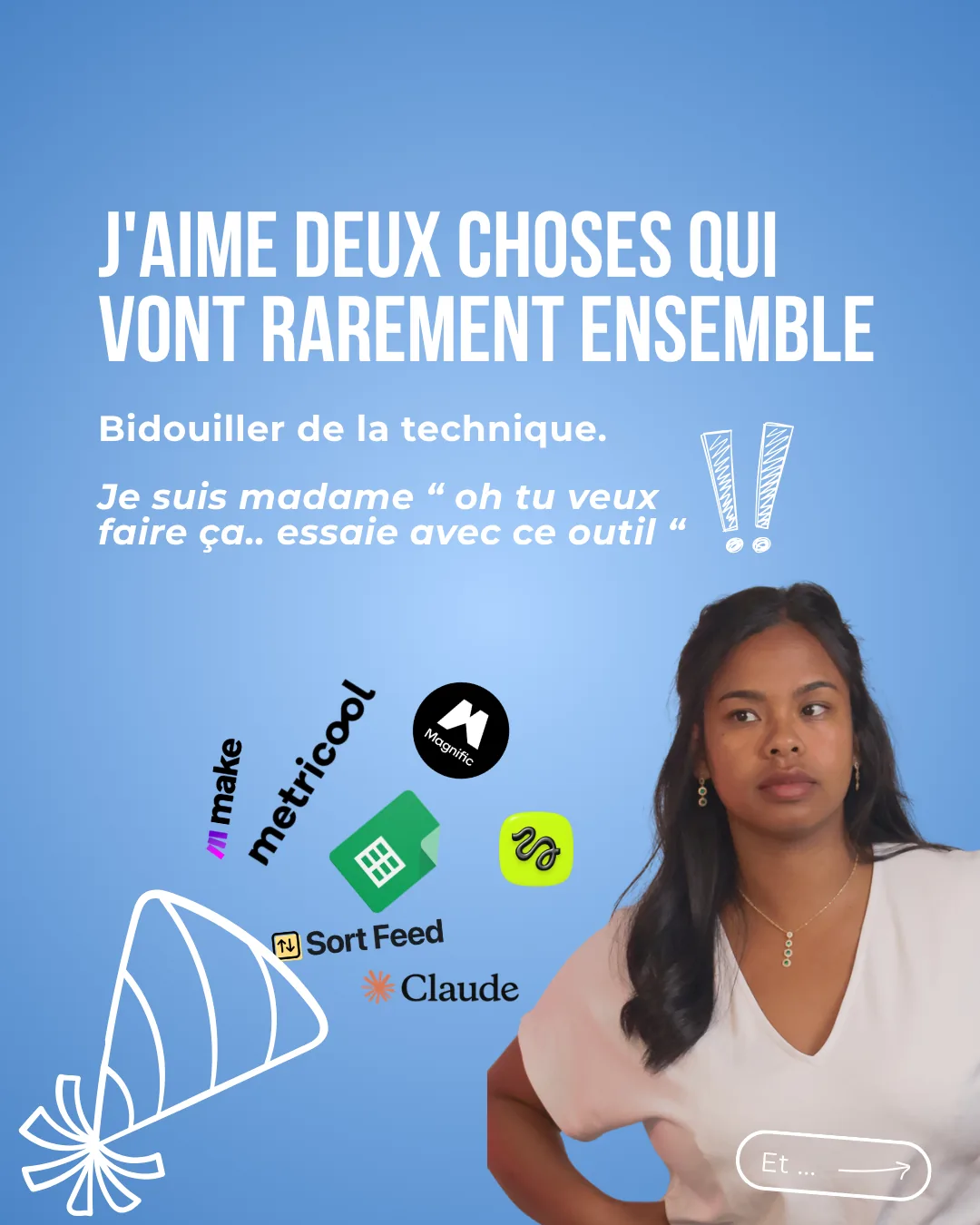 Carrousel Mes contenus, diapositive 3 : Maya entourée de logos d'outils, titre « J'aime deux choses qui vont rarement ensemble »