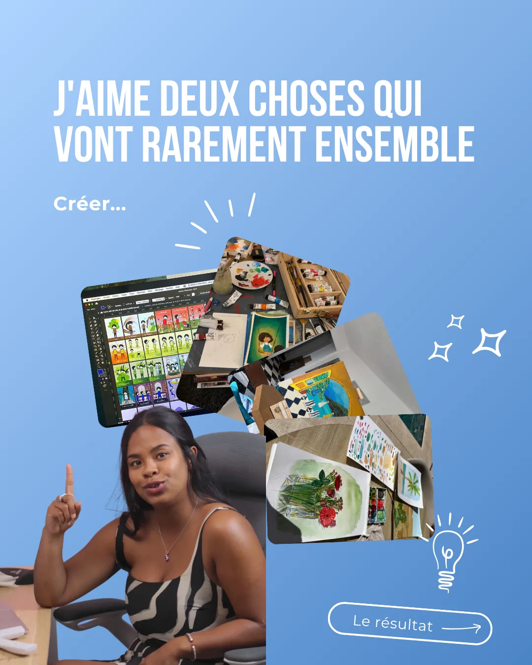 Carrousel Mes contenus, diapositive 4 : Maya à son bureau devant un montage de créations, titre « Créer »