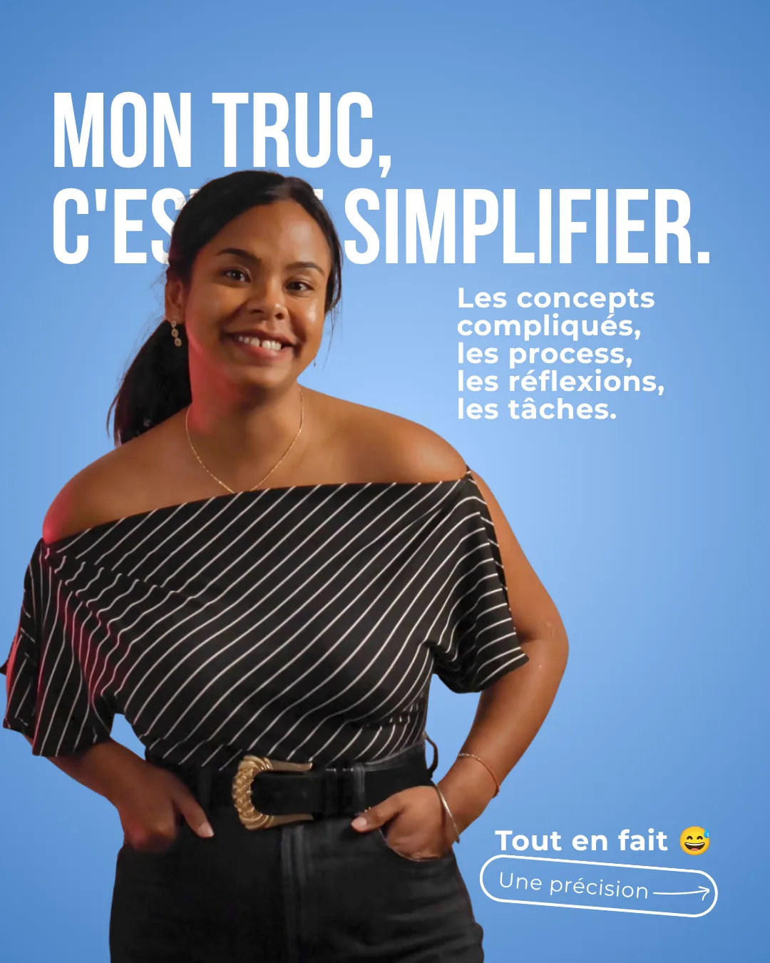 Carrousel Mes contenus, diapositive 6 : Maya en haut rayé, titre « Mon truc, c'est simplifier »