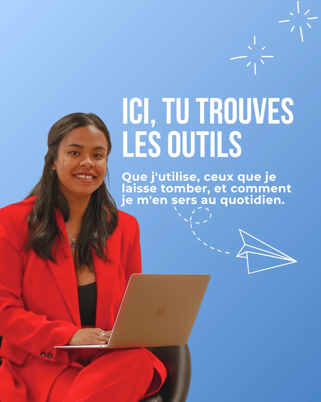 Carrousel Mes contenus, diapositive 7 : Maya en veste rouge avec un ordinateur, titre « Ici, tu trouves les outils »