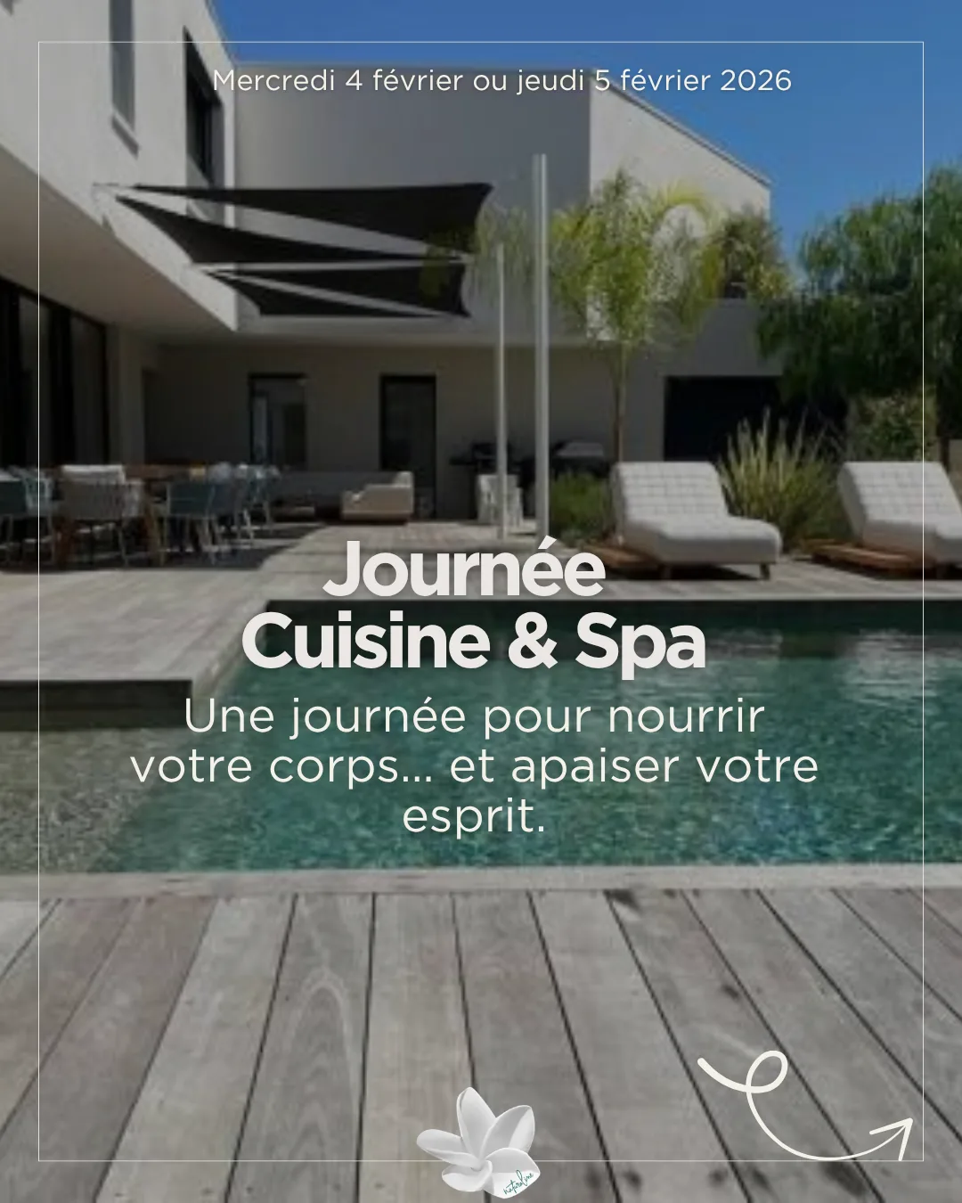 Carrousel Naturaline, diapositive 1 : journée Cuisine et Spa, terrasse et piscine d'une villa